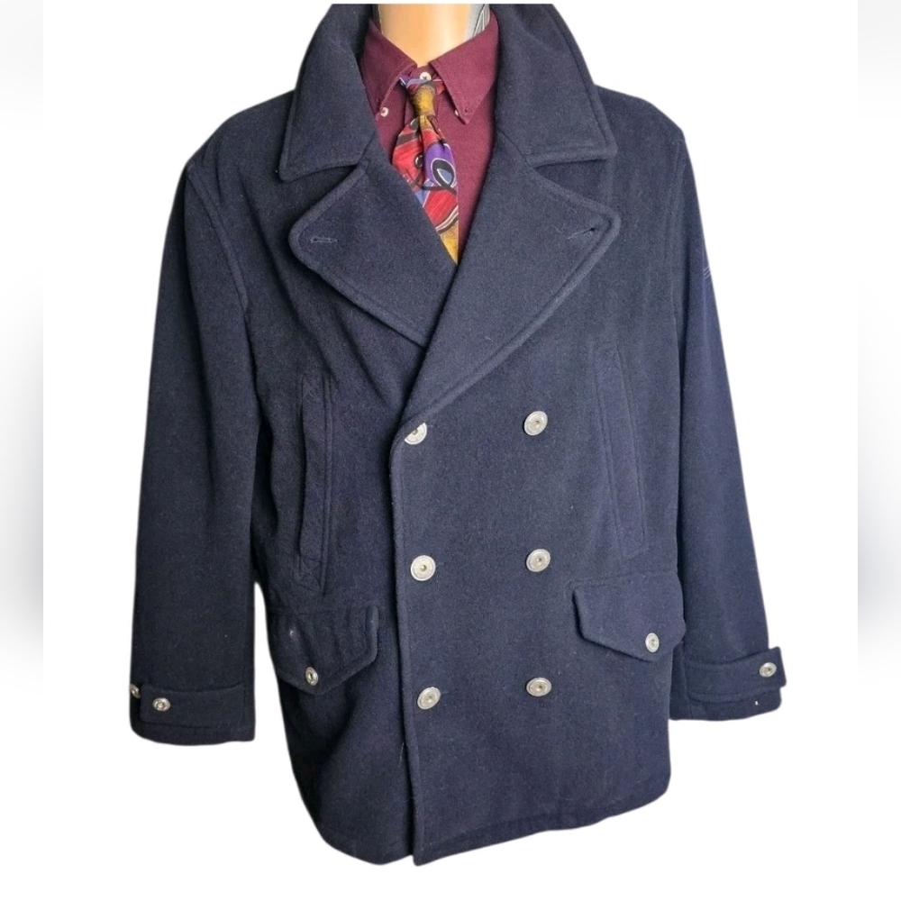 Vtg 90s Naval Issue Tommy Hilfiger Wool Blend Double-Breasted Pea Coat